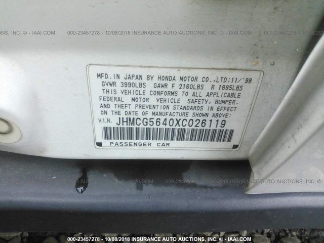 JHMCG5640XC026119 - 1999 HONDA ACCORD LX WHITE photo 9