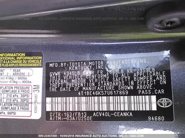 4T1BE46K57U617869 - 2007 TOYOTA CAMRY NEW GENERAT CE/LE/XLE/SE GRAY photo 9