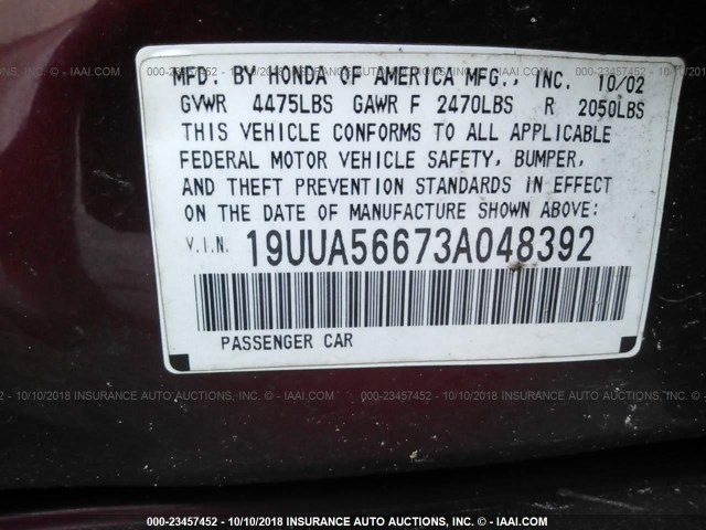 19UUA56673A048392 - 2003 ACURA 3.2TL MAROON photo 9