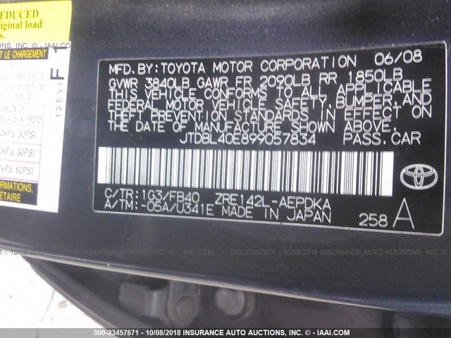 JTDBL40E899057834 - 2009 TOYOTA COROLLA LE/XLE GRAY photo 9