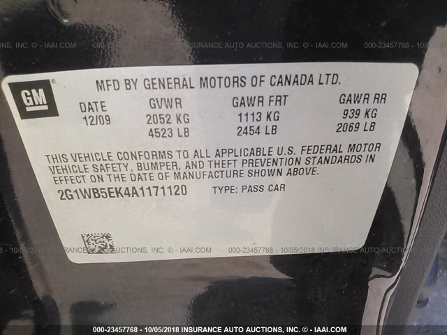 2G1WB5EK4A1171120 - 2010 CHEVROLET IMPALA LT BLACK photo 9