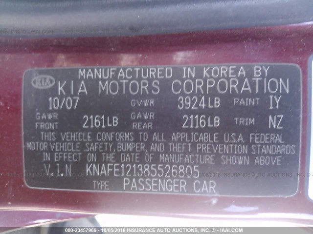 KNAFE121385526805 - 2008 KIA SPECTRA EX/LX/SX RED photo 9