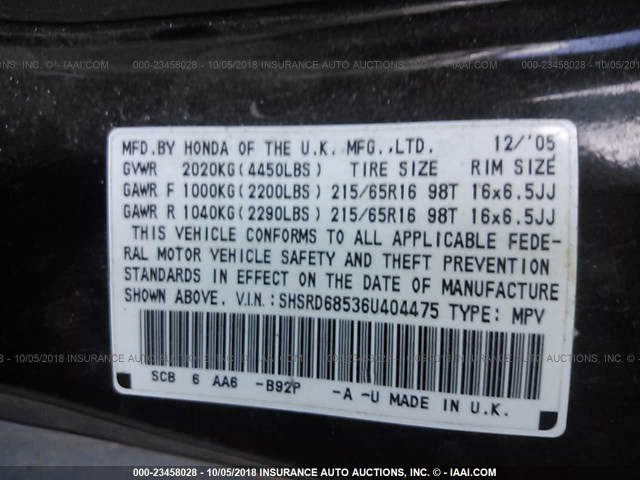 SHSRD68536U404475 - 2006 HONDA CR-V LX BLACK photo 9