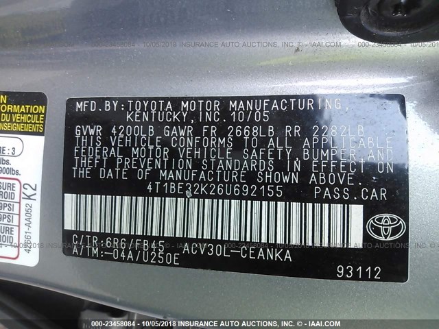4T1BE32K26U692155 - 2006 TOYOTA CAMRY LE/XLE/SE GREEN photo 9