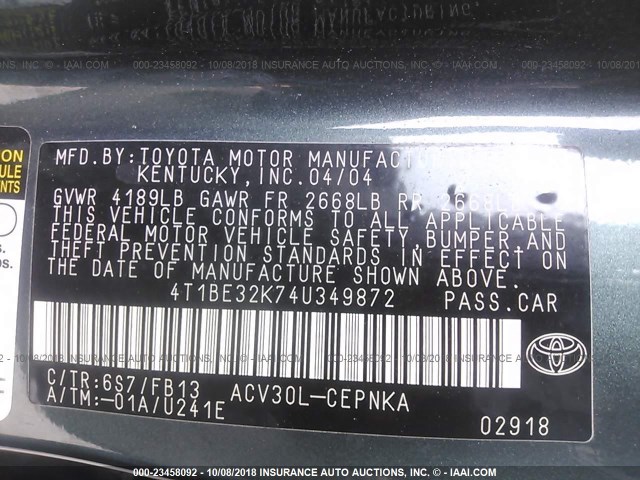 4T1BE32K74U349872 - 2004 TOYOTA CAMRY LE/XLE/SE GREEN photo 9