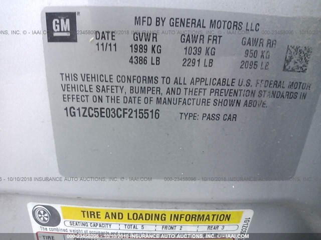 1G1ZC5E03CF215516 - 2012 CHEVROLET MALIBU 1LT SILVER photo 9