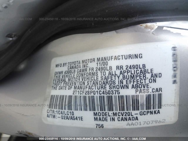 2T1CF28P01C450375 - 2001 TOYOTA CAMRY SOLARA SE/SLE Gümüş foto 9