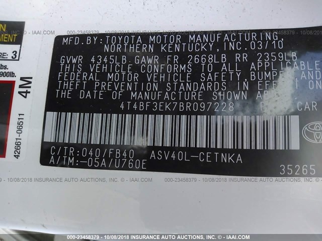 4T4BF3EK7BR097228 - 2011 TOYOTA CAMRY SE/LE/XLE 白色 照片 9