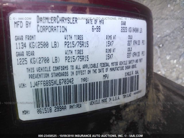 1J4FF68S5XL670342 - 1999 JEEP CHEROKEE SPORT/CLASSIC წითელი ფოტო 9