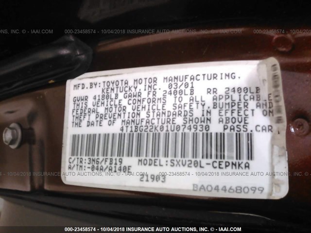 4T1BG22K01U074930 - 2001 TOYOTA CAMRY CE/LE/XLE 红色 照片 9