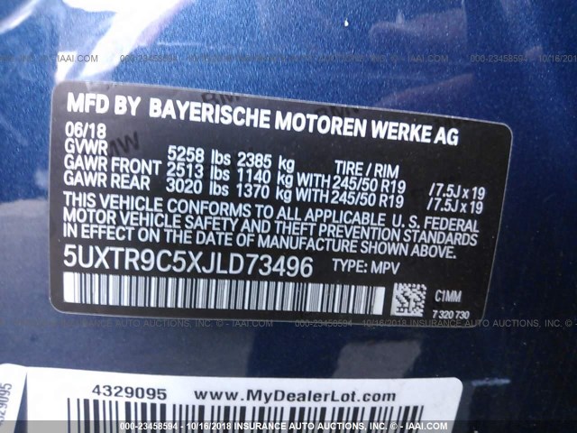 5UXTR9C5XJLD73496 - 2018 BMW X3 XDRIVEM40I ლურჯი ფოტო 9