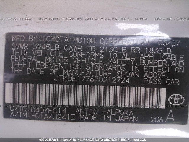 JTKDE177670212724 - 2007 TOYOTA SCION TC 白色 照片 9
