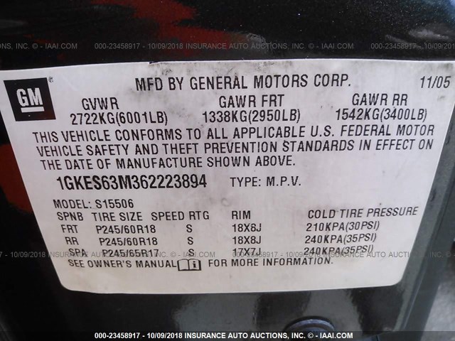 1GKES63M362223894 - 2006 GMC ENVOY DENALI BLACK photo 9