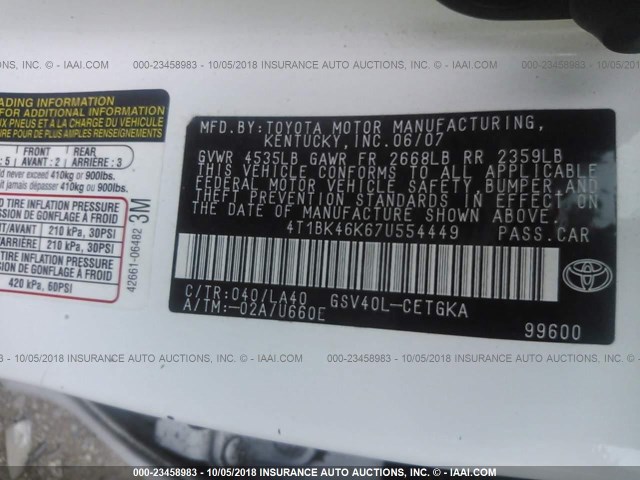 4T1BK46K67U554449 - 2007 TOYOTA CAMRY NEW GENERAT LE/XLE/SE WHITE photo 9