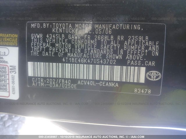 4T1BE46K47U543702 - 2007 TOYOTA CAMRY NEW GENERAT CE/LE/XLE/SE BLACK photo 9