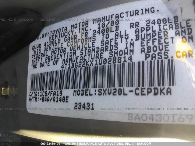 4T1BG22KX1U028814 - 2001 TOYOTA CAMRY CE/LE/XLE 金色 照片 9