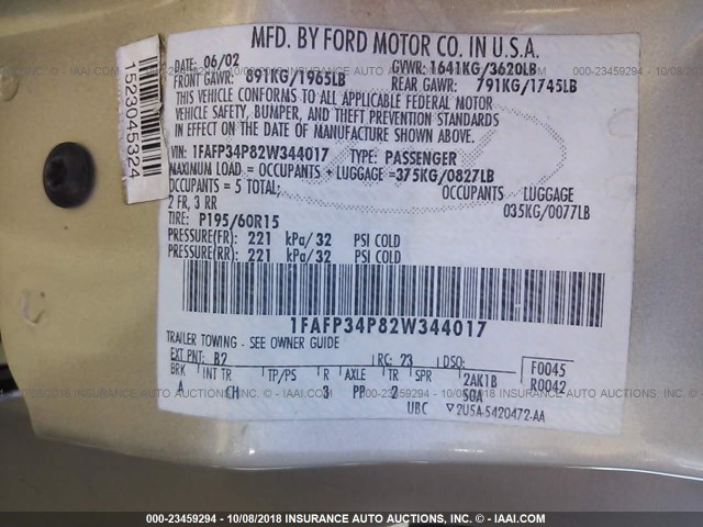 1FAFP34P82W344017 - 2002 FORD FOCUS SE/SE COMFORT GOLD photo 9