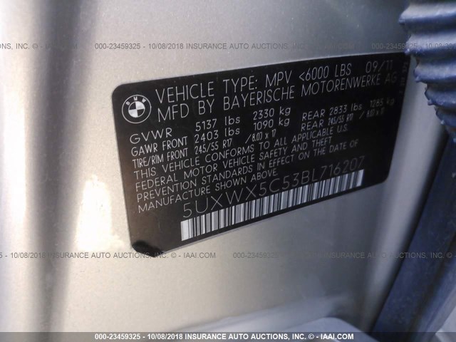 5UXWX5C53BL716207 - 2011 BMW X3 XDRIVE28I SILVER photo 9