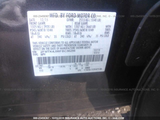 2FMTK4J99FBC36256 - 2015 FORD EDGE Siyah fotoğraf 9