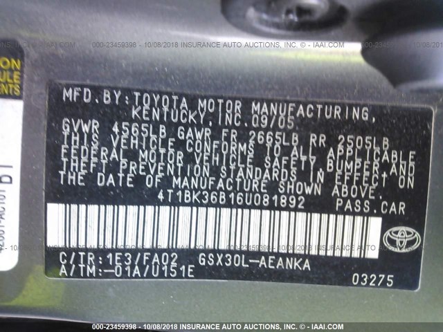 4T1BK36B16U081892 - 2006 TOYOTA AVALON XL/XLS/TOURING/LIMITED ნაცრისფერი ფოტო 9