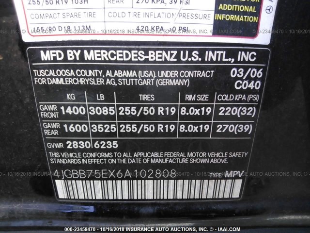 4JGBB75EX6A102808 - 2006 MERCEDES-BENZ ML 500 BLACK photo 9
