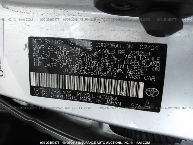 JTDBF32K850158813 - 2005 TOYOTA CAMRY LE/XLE/SE SILVER photo 9