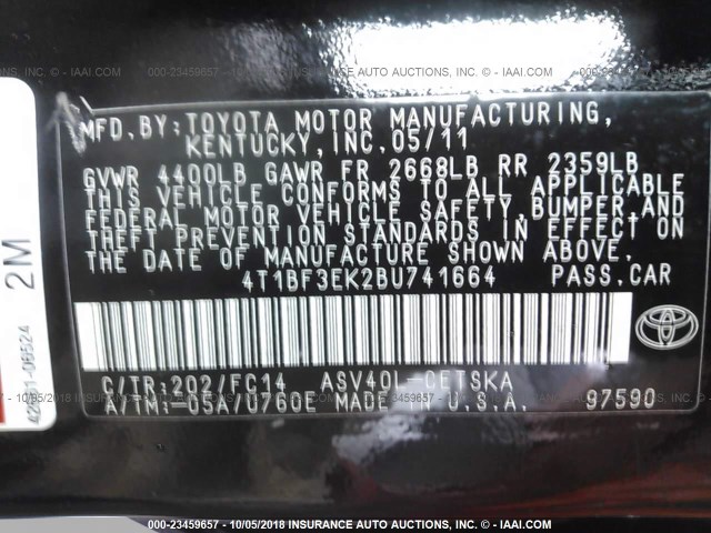 4T1BF3EK2BU741664 - 2011 TOYOTA CAMRY SE/LE/XLE შავი ფოტო 9