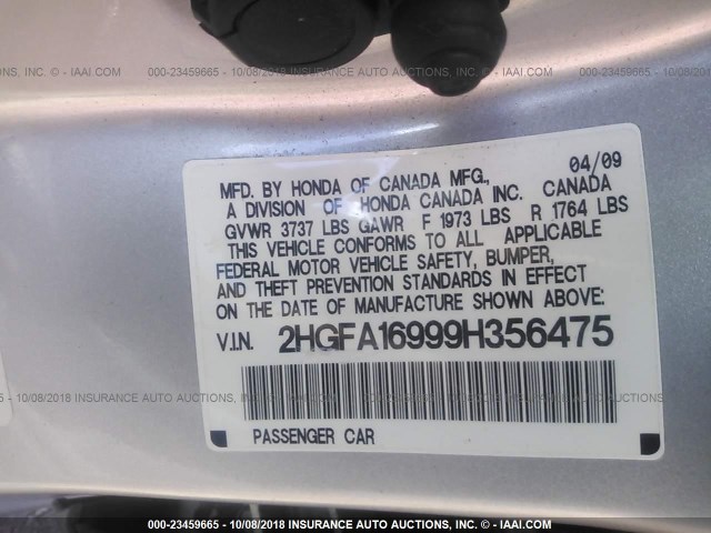 2HGFA16999H356475 - 2009 HONDA CIVIC EXL 银色 照片 9