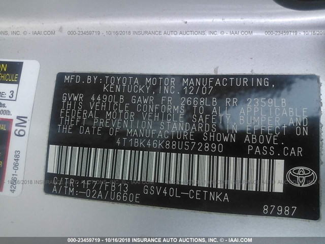 4T1BK46K88U572890 - 2008 TOYOTA CAMRY LE/XLE/SE SILVER photo 9