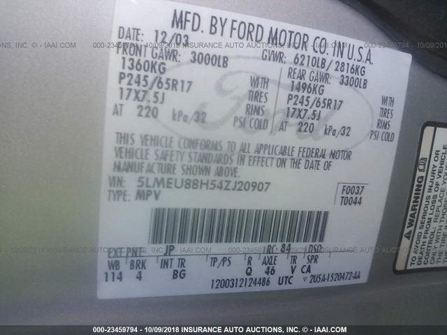 5LMEU88H54ZJ20907 - 2004 LINCOLN AVIATOR 银色 照片 9