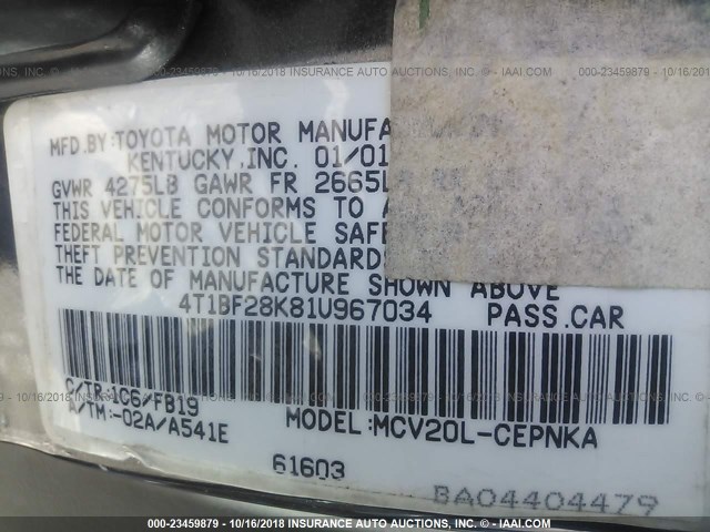 4T1BF28K81U967034 - 2001 TOYOTA CAMRY LE/XLE GRAY photo 9