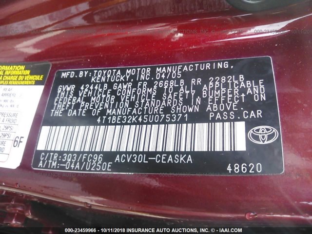 4T1BE32K45U075371 - 2005 TOYOTA CAMRY LE/XLE/SE 红色 照片 9