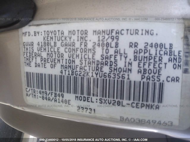 4T1BG22K1YU663561 - 2000 TOYOTA CAMRY CE/LE/XLE 金色 照片 9