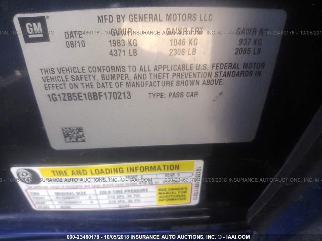 1G1ZB5E18BF170213 - 2011 CHEVROLET MALIBU LS 蓝色 照片 9