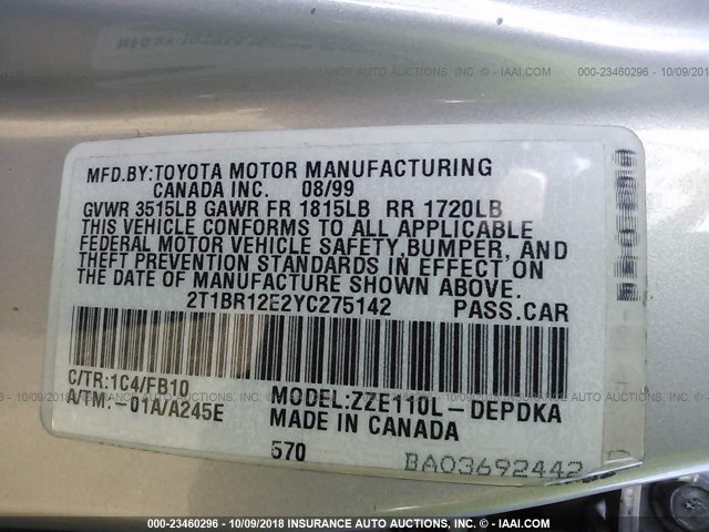 2T1BR12E2YC275142 - 2000 TOYOTA COROLLA VE/CE/LE 银色 照片 9