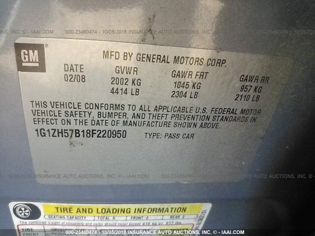 1G1ZH57B18F220950 - 2008 CHEVROLET MALIBU 1LT GRAY photo 9