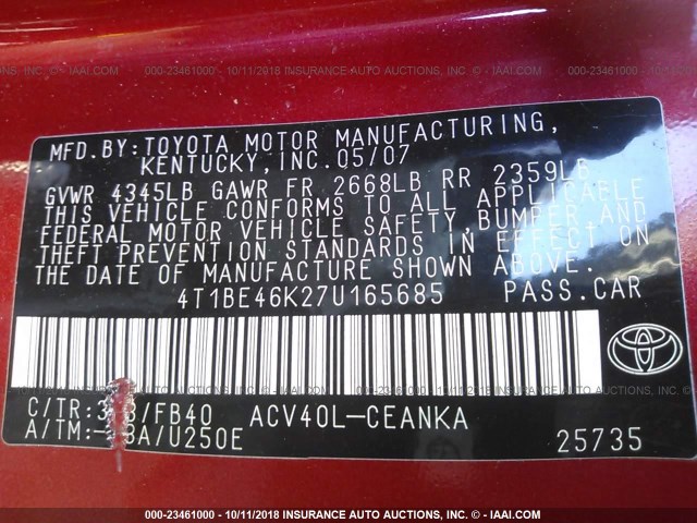 4T1BE46K27U165685 - 2007 TOYOTA CAMRY NEW GENERAT CE/LE/XLE/SE RED photo 9