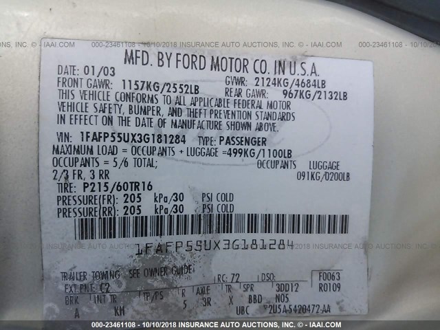 1FAFP55UX3G181284 - 2003 FORD TAURUS SES SILVER photo 9