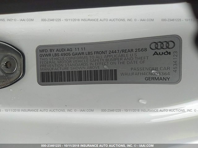 WAUJFAFH4CN003364 - 2012 AUDI A5 PREMIUM PLUS WHITE photo 9