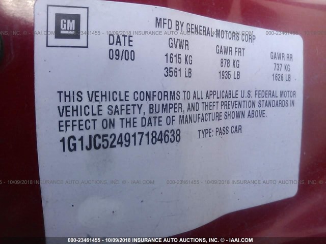 1G1JC524917184638 - 2001 CHEVROLET CAVALIER CNG RED photo 9