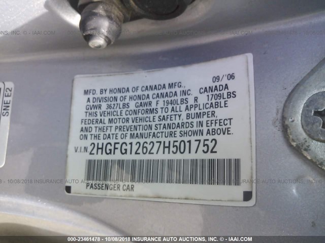 2HGFG12627H501752 - 2007 HONDA CIVIC LX 银色 照片 9