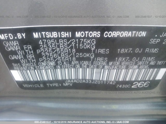 JA4AD2A33JZ011742 - 2018 MITSUBISHI OUTLANDER ES 灰色 照片 9