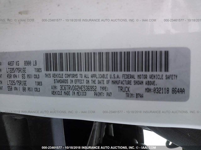 3C6TRVDG2HE536952 - 2017 RAM PROMASTER 2500 2500 HIGH WHITE photo 9