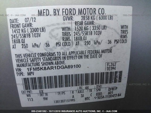 1FM5K8AR1DGA89100 - 2013 FORD EXPLORER POLICE INTERCEPTOR SILVER photo 9