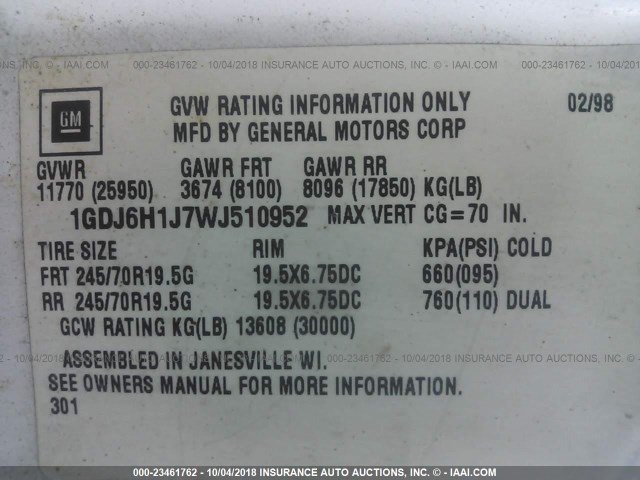 1GDJ6H1J7WJ510952 - 1998 GMC C-SERIES C6H042 WHITE photo 10