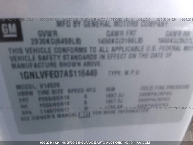 1GNLVFED7AS116449 - 2010 CHEVROLET TRAVERSE LT SILVER photo 9