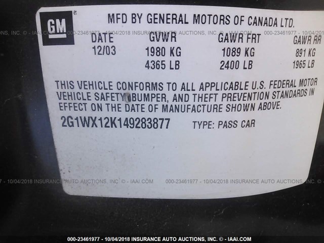 2G1WX12K149283877 - 2004 CHEVROLET MONTE CARLO SS BLACK photo 9