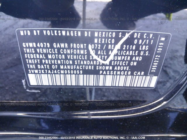 3VW2K7AJ4CM050059 - 2012 VOLKSWAGEN JETTA S Սև լուսանկար 9
