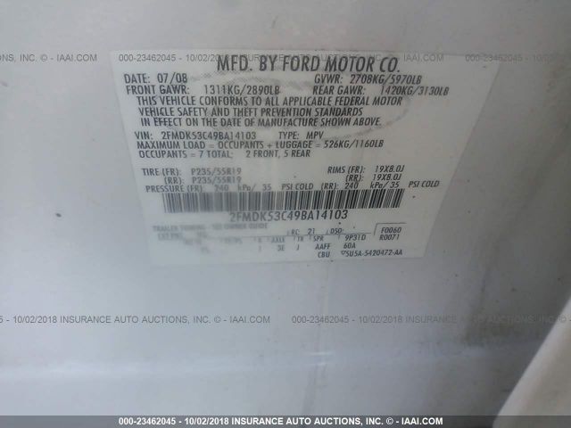 2FMDK53C49BA14103 - 2009 FORD FLEX LIMITED WHITE photo 9