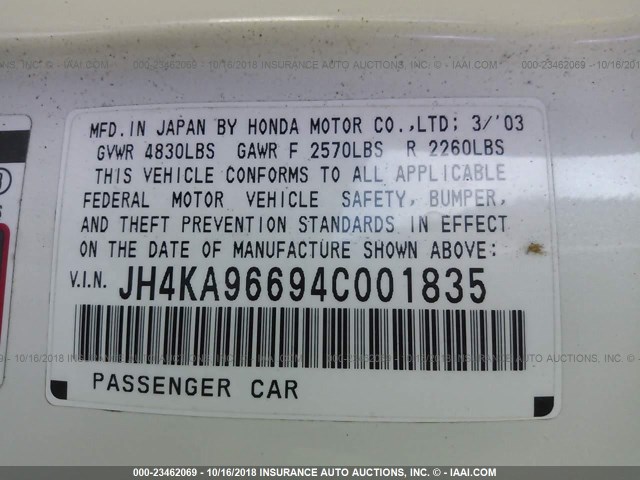 JH4KA96694C001835 - 2004 ACURA 3.5RL WHITE photo 9